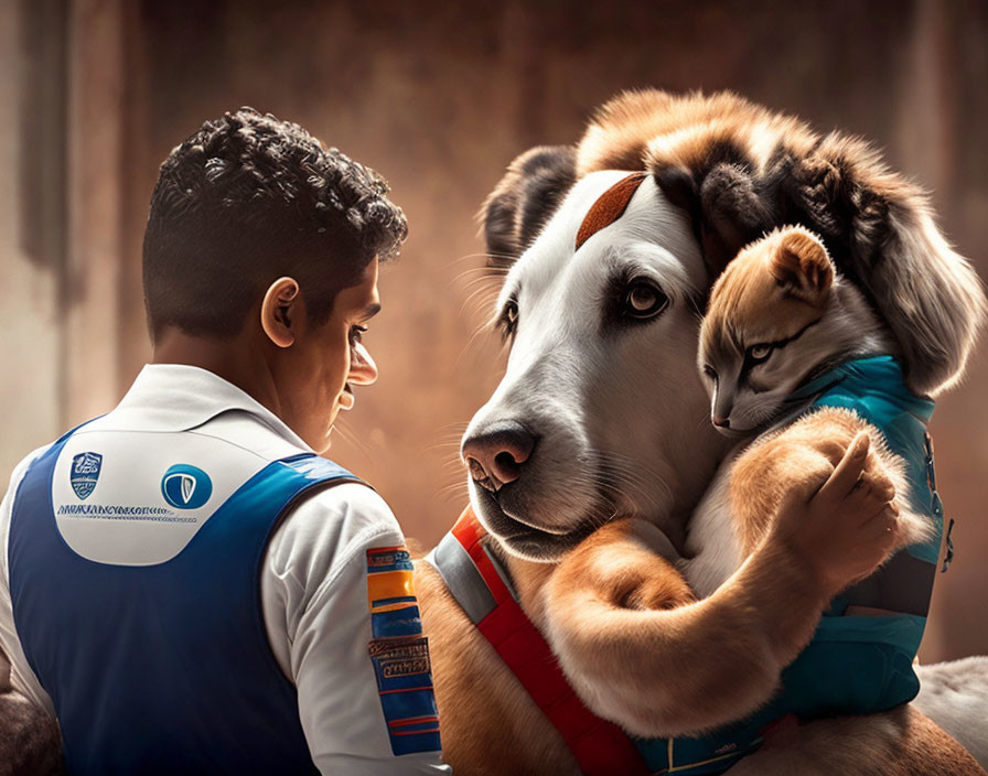 Boy hugging cartoonish dog with smaller dog resting on top