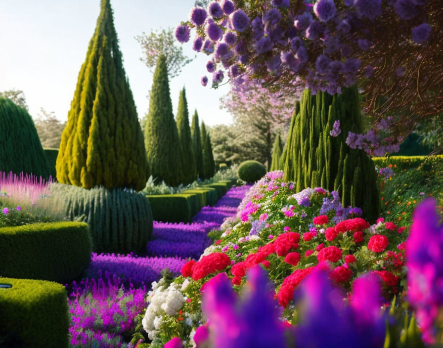 Sculpted topiary and colorful flowers in a sunny garden