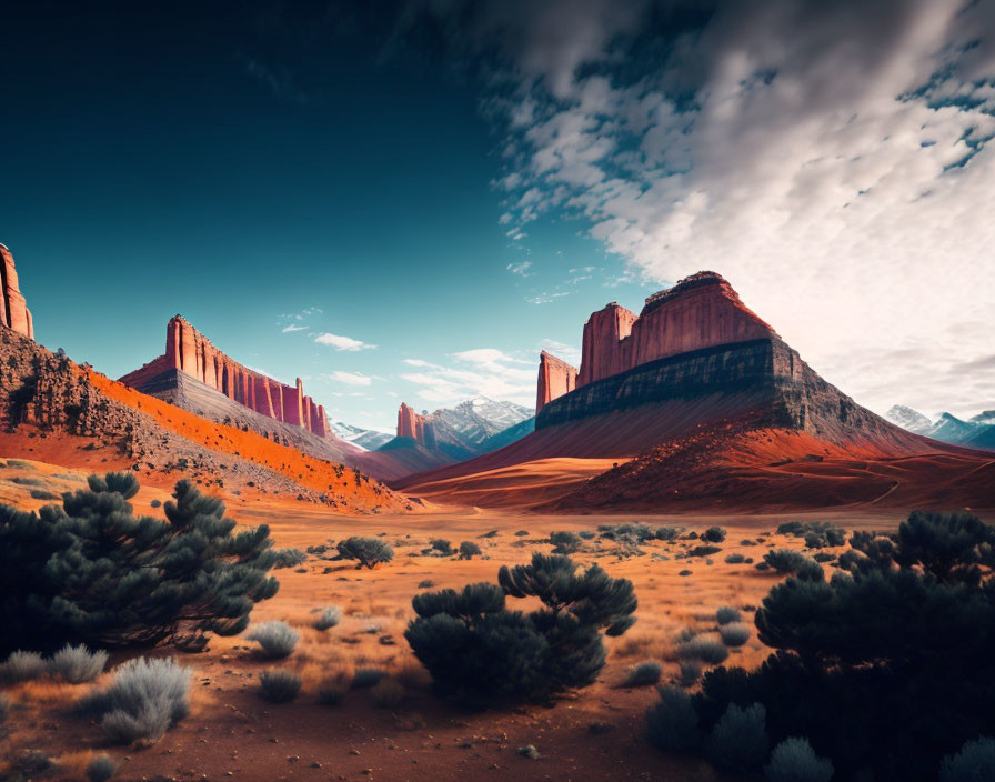 Vibrant red rock formations in desert landscape with scattered clouds