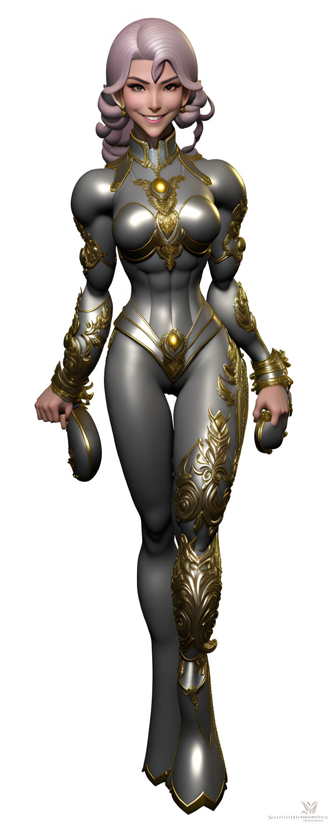 Female character with purple hair in silver and gold armor - 3D rendering