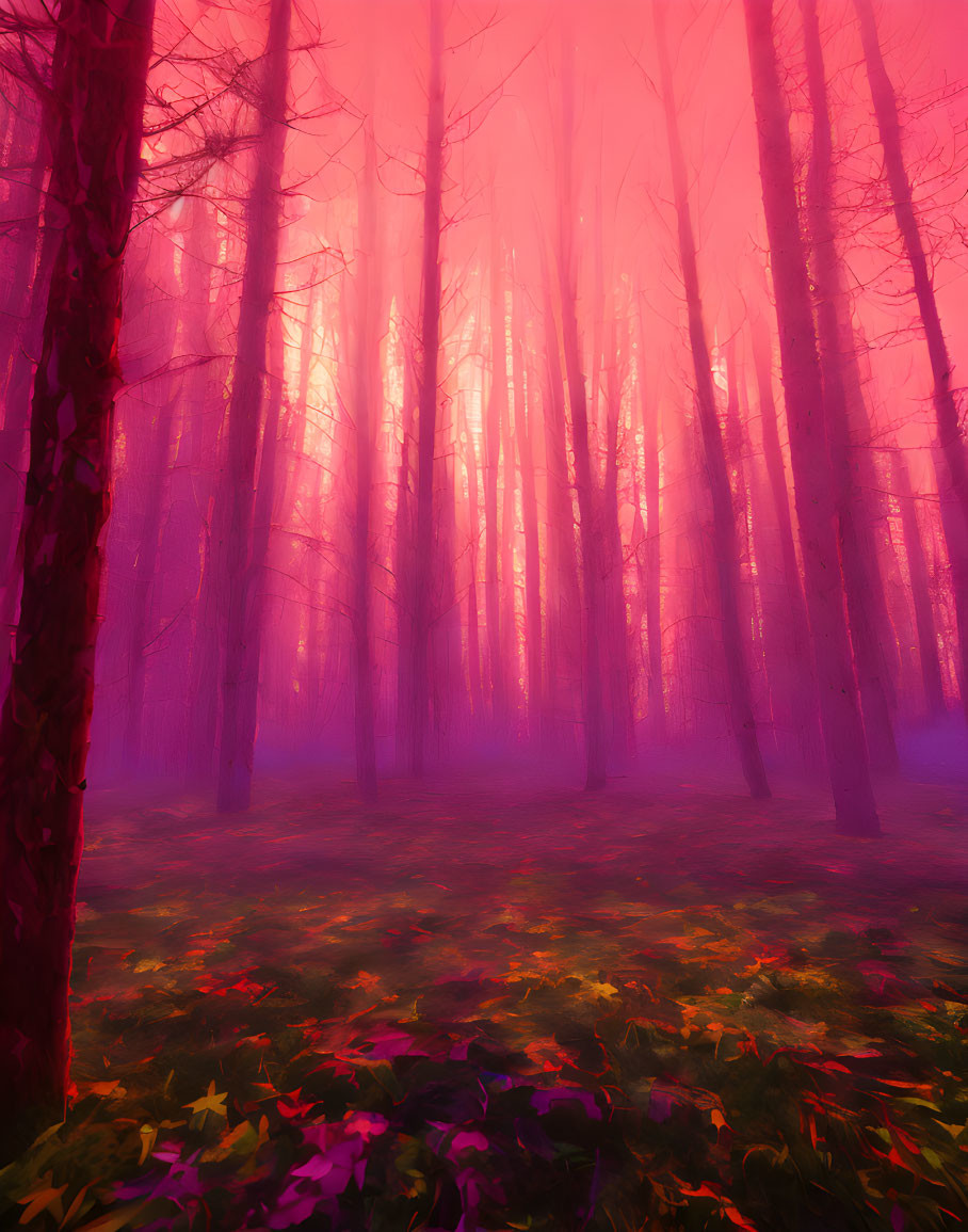 Lush forest with tall trees in mystical pink and purple fog