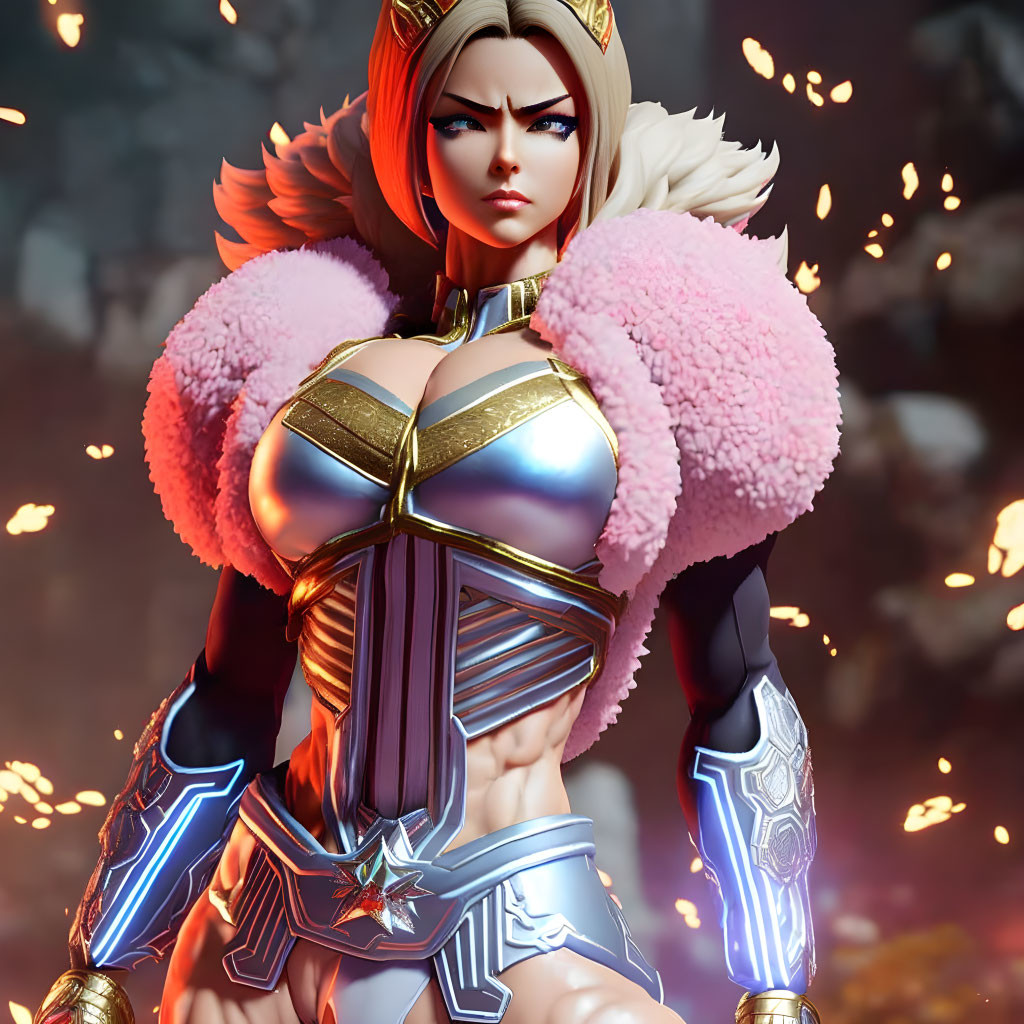 Female warrior in golden armor with pink fur shoulders and futuristic gauntlet on fiery battlefield