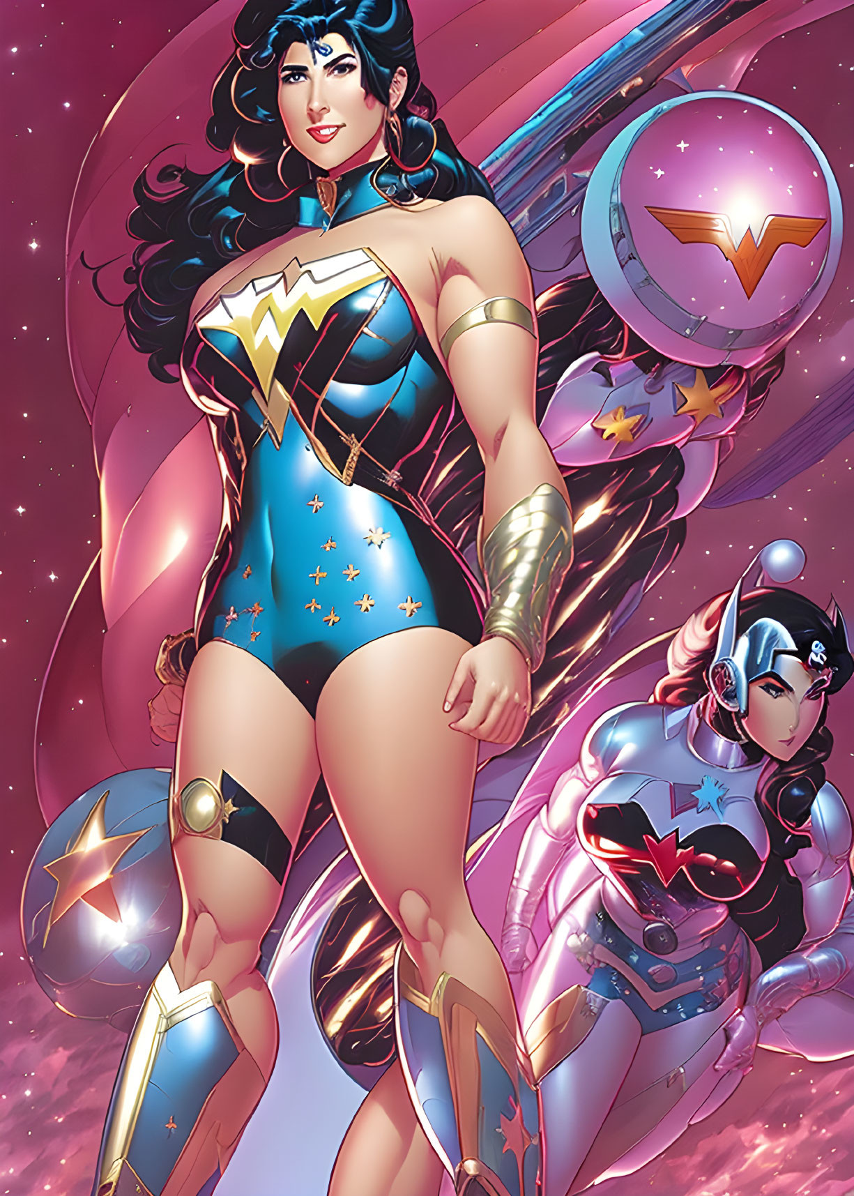 Superheroines in iconic costumes on cosmic backdrop