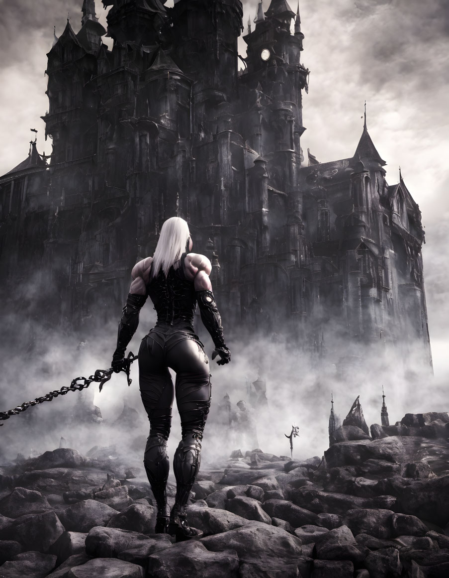 Blonde woman in black armor gazes at dark castle in foggy landscape