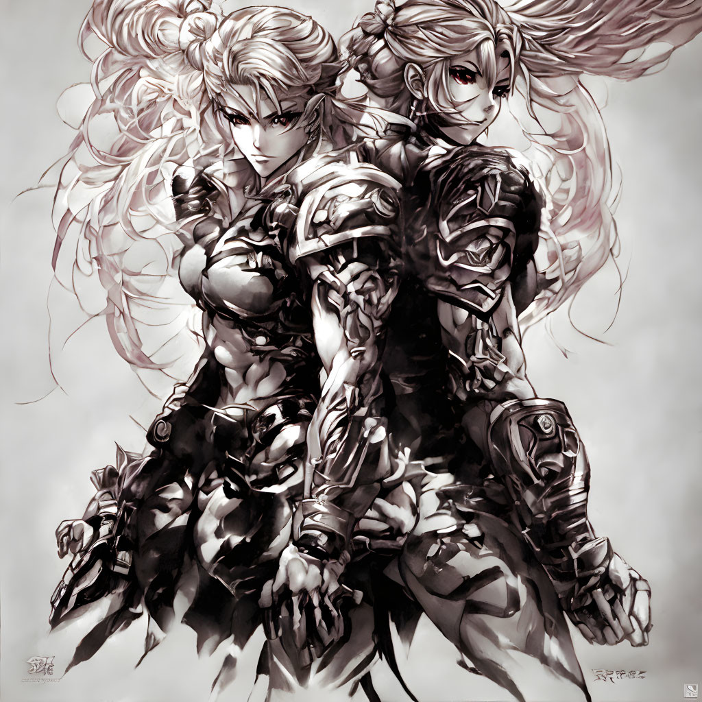 Fantasy warriors in elaborate armor with billowing hair in grayscale illustration