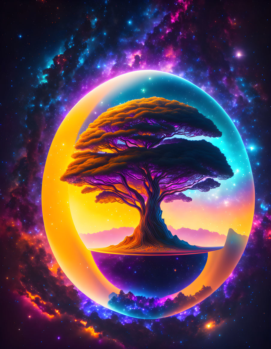 Colorful cosmic background with circular frame featuring lone tree on floating island at dawn.