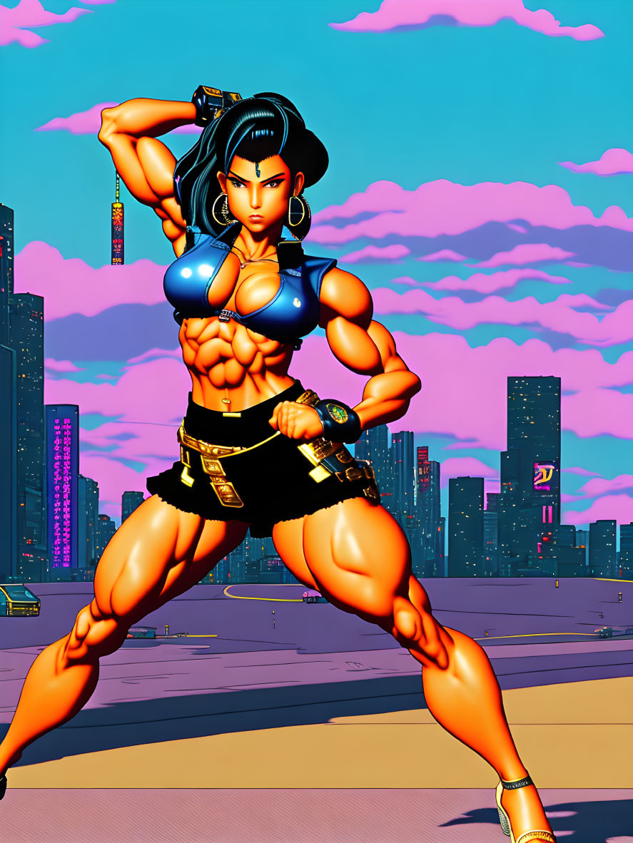 Muscular animated woman in cityscape with skyline backdrop