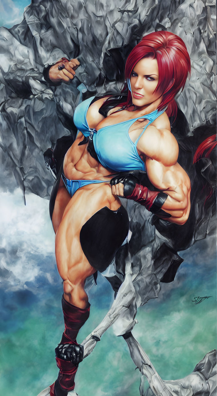 Muscular Woman with Red Hair Breaks Rock Wall in Blue Top