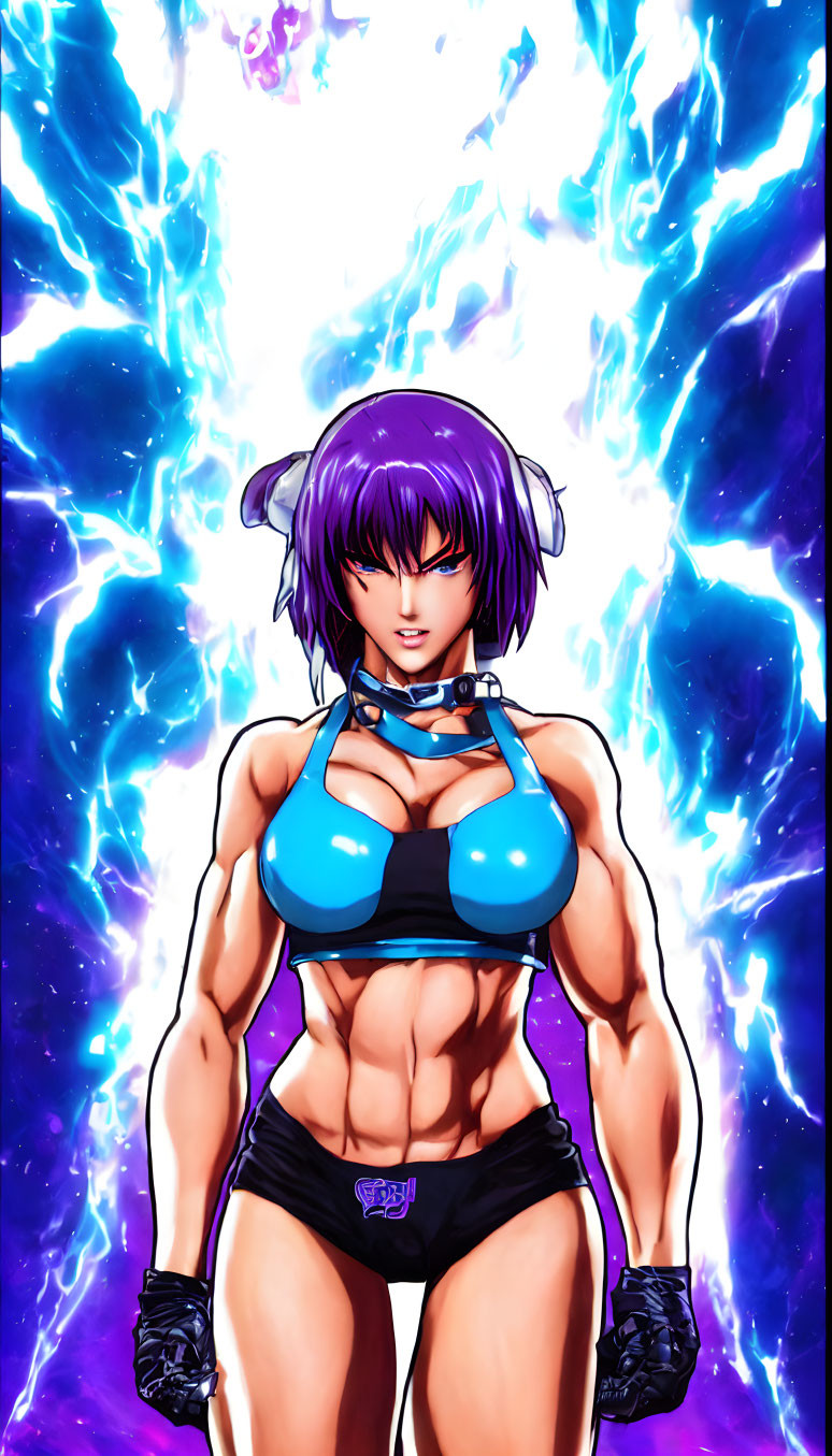 Animated female character with purple hair and headphones in confident pose against intense energy backdrop