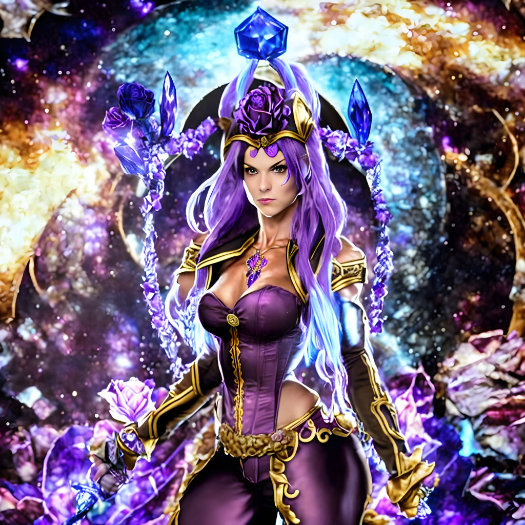 Fantasy Female Character in Cosmic Armor with Purple Hair