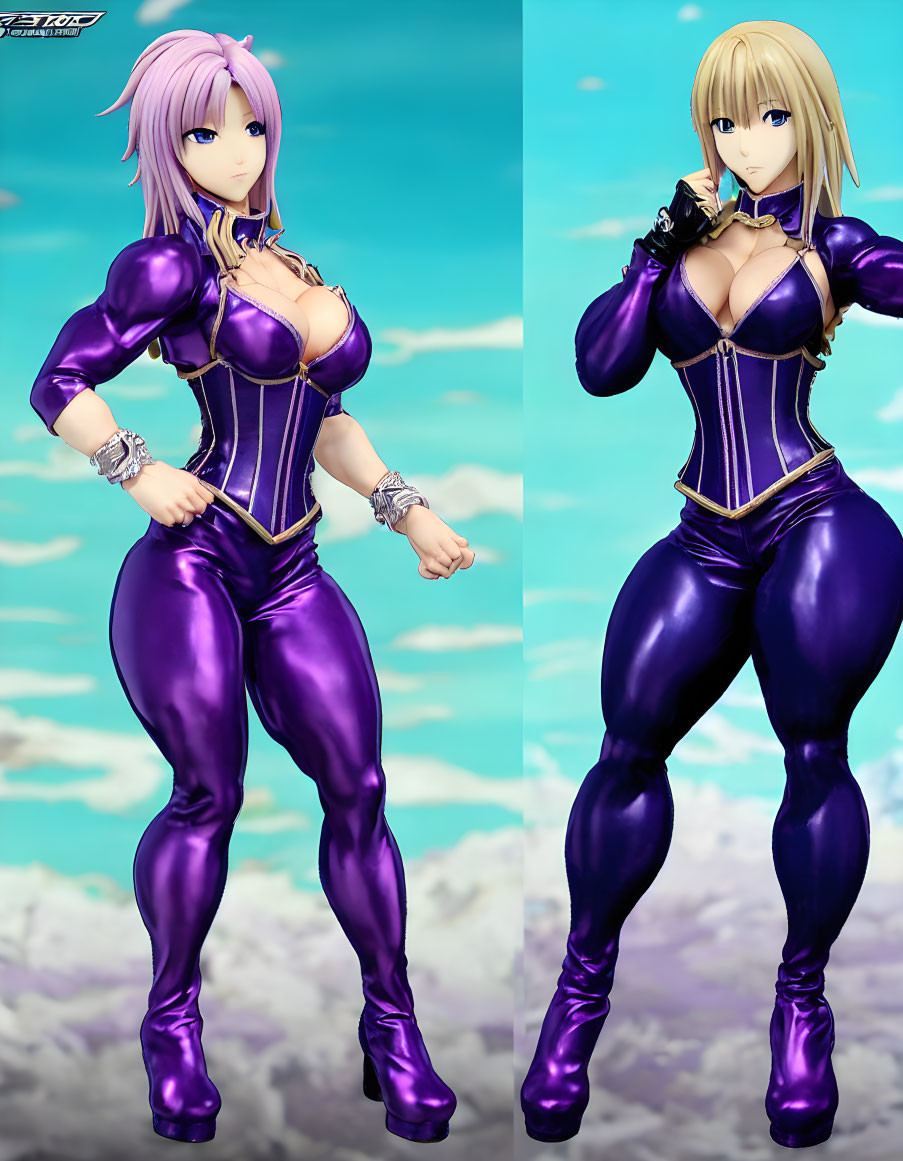 Two female videogame characters in purple bodysuits with pink and blonde hair, posing on blue background