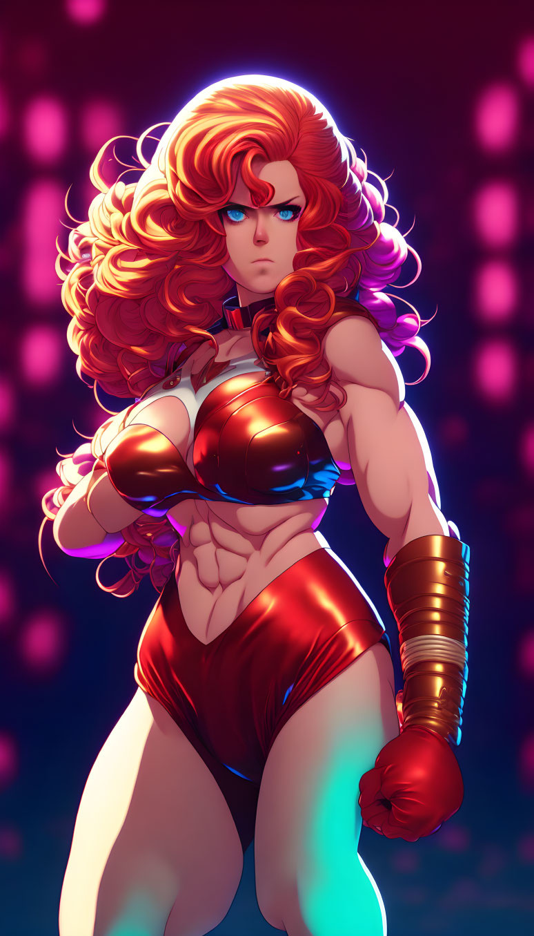 Vibrant digital artwork: female character with red hair, blue eyes, red suit, golden arm