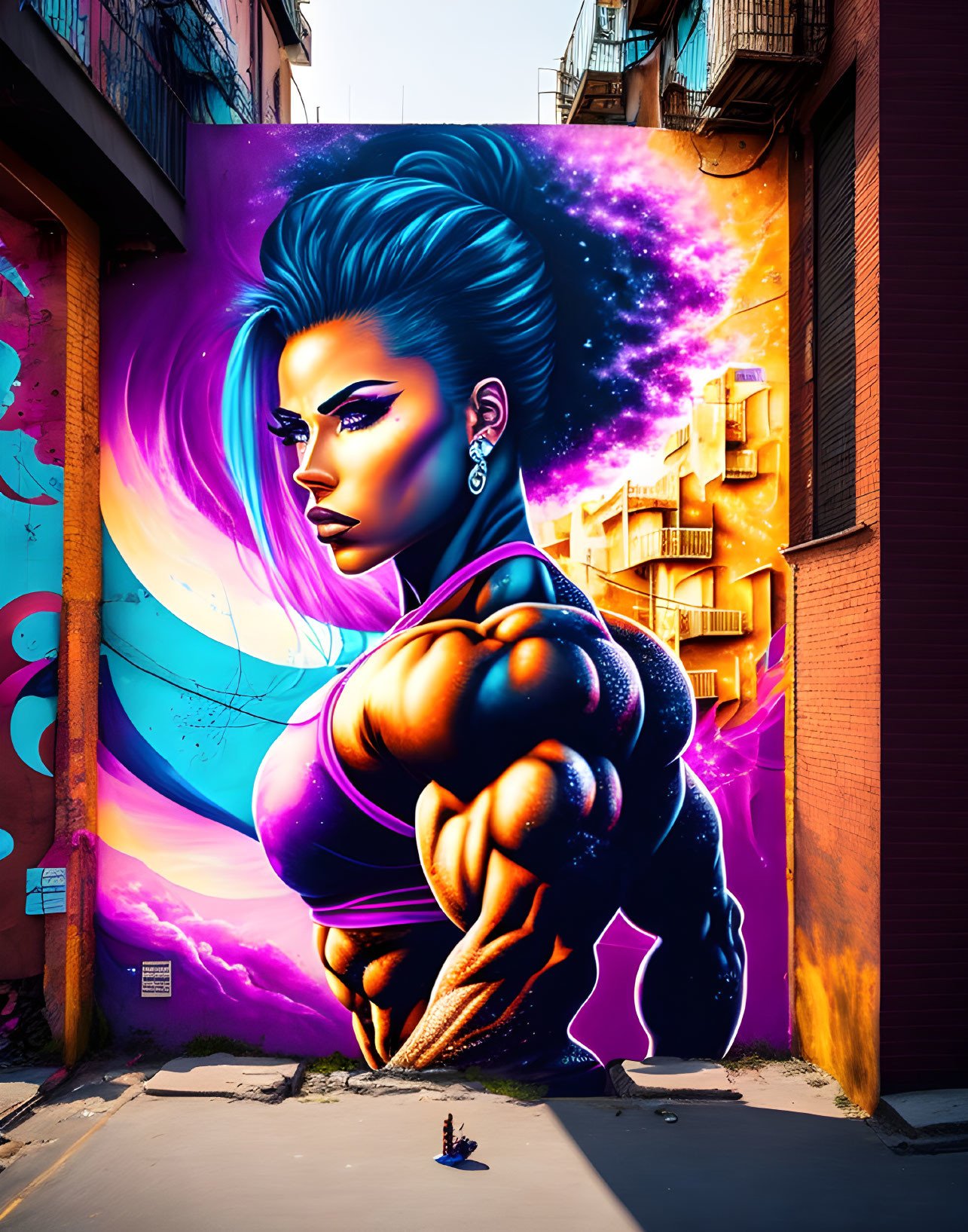 Colorful street art mural featuring muscular female superhero against cosmic backdrop