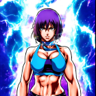 Animated female character with purple hair and headphones in confident pose against intense energy backdrop