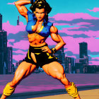 Muscular animated woman in cityscape with skyline backdrop