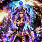 Fantasy Female Character in Cosmic Armor with Purple Hair