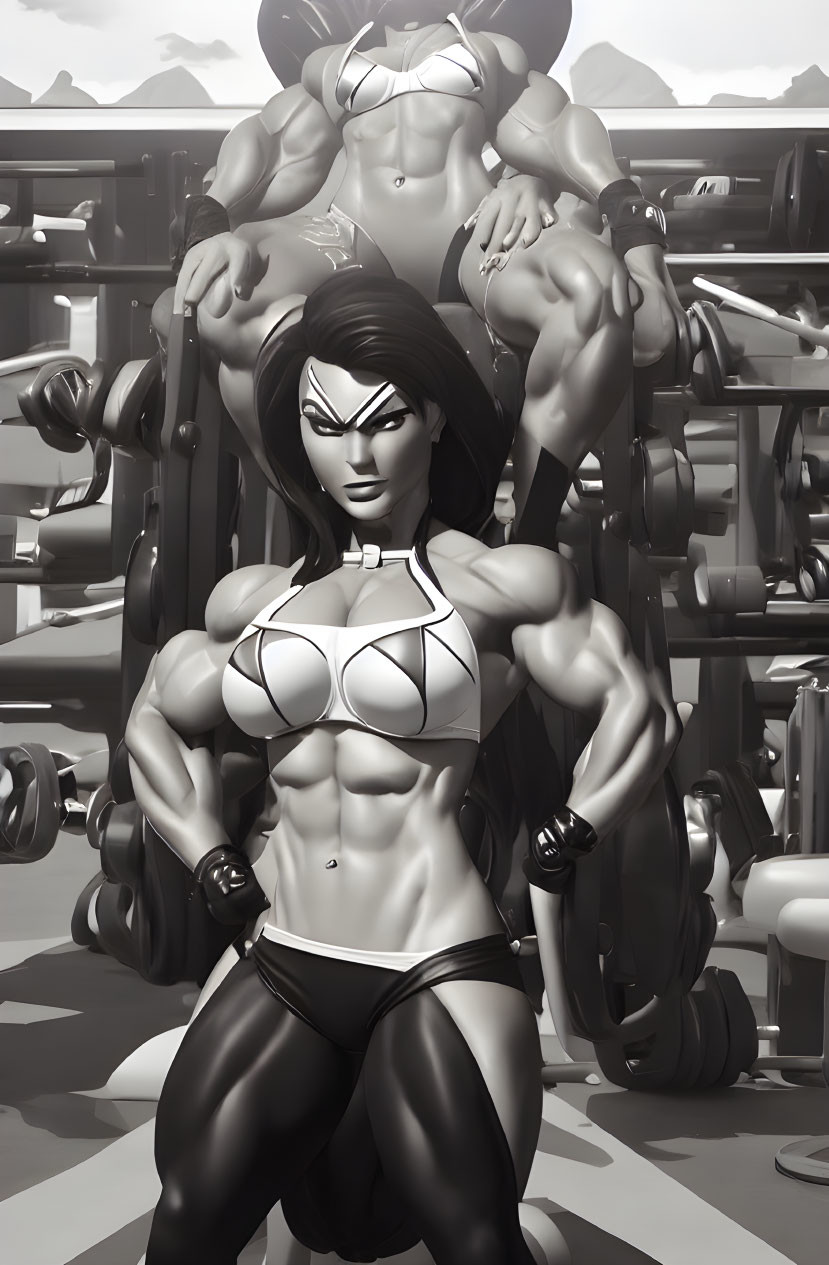 Monochrome gym photo with muscular characters posing and weights in background