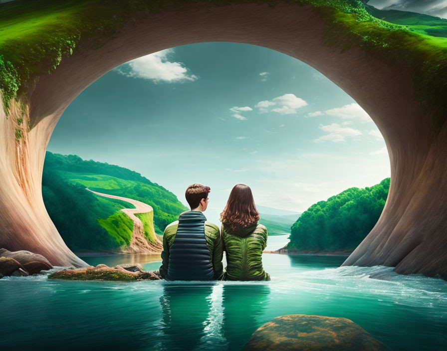 Serene lake scene with two people on a rock under an arch