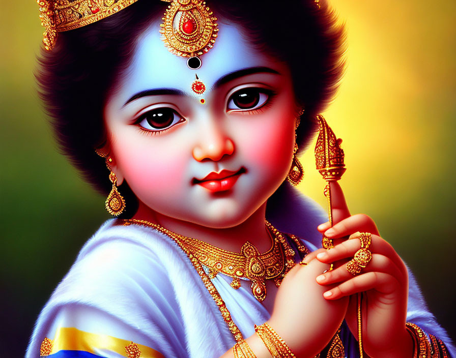 Young Krishna Illustration: Radiant aura, traditional jewelry, flute, vibrant background