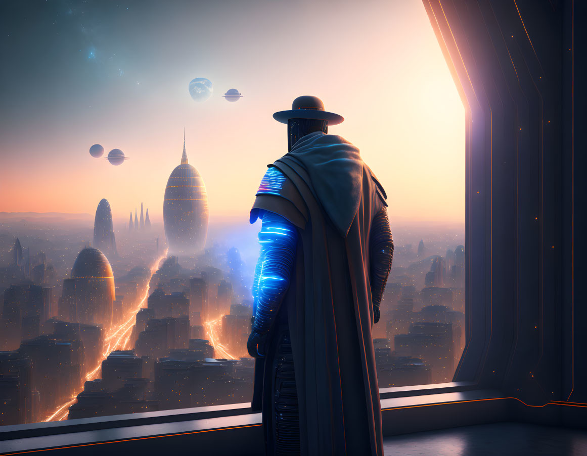 Futuristic figure in cloak gazes at sci-fi cityscape at sunrise