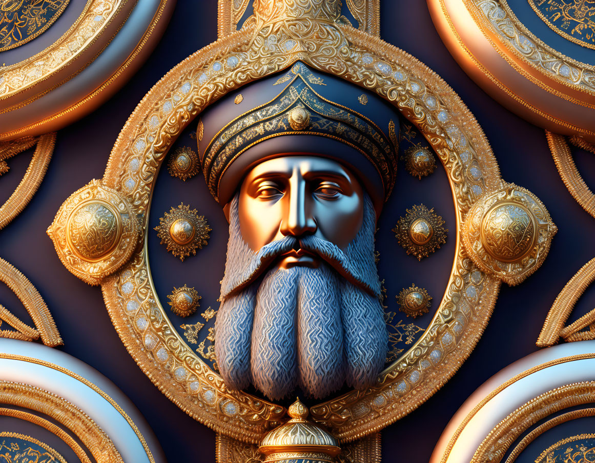 Regal bearded figure in golden portrait with ornate headdress.