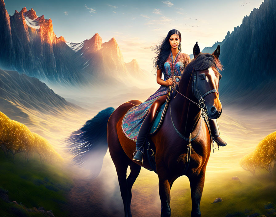 Woman in traditional attire riding horse with mountain backdrop