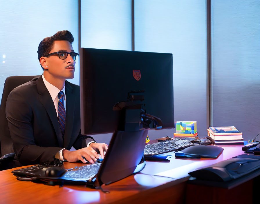 Professional man in glasses and suit working at desk with computer and office items in blue-lit room.