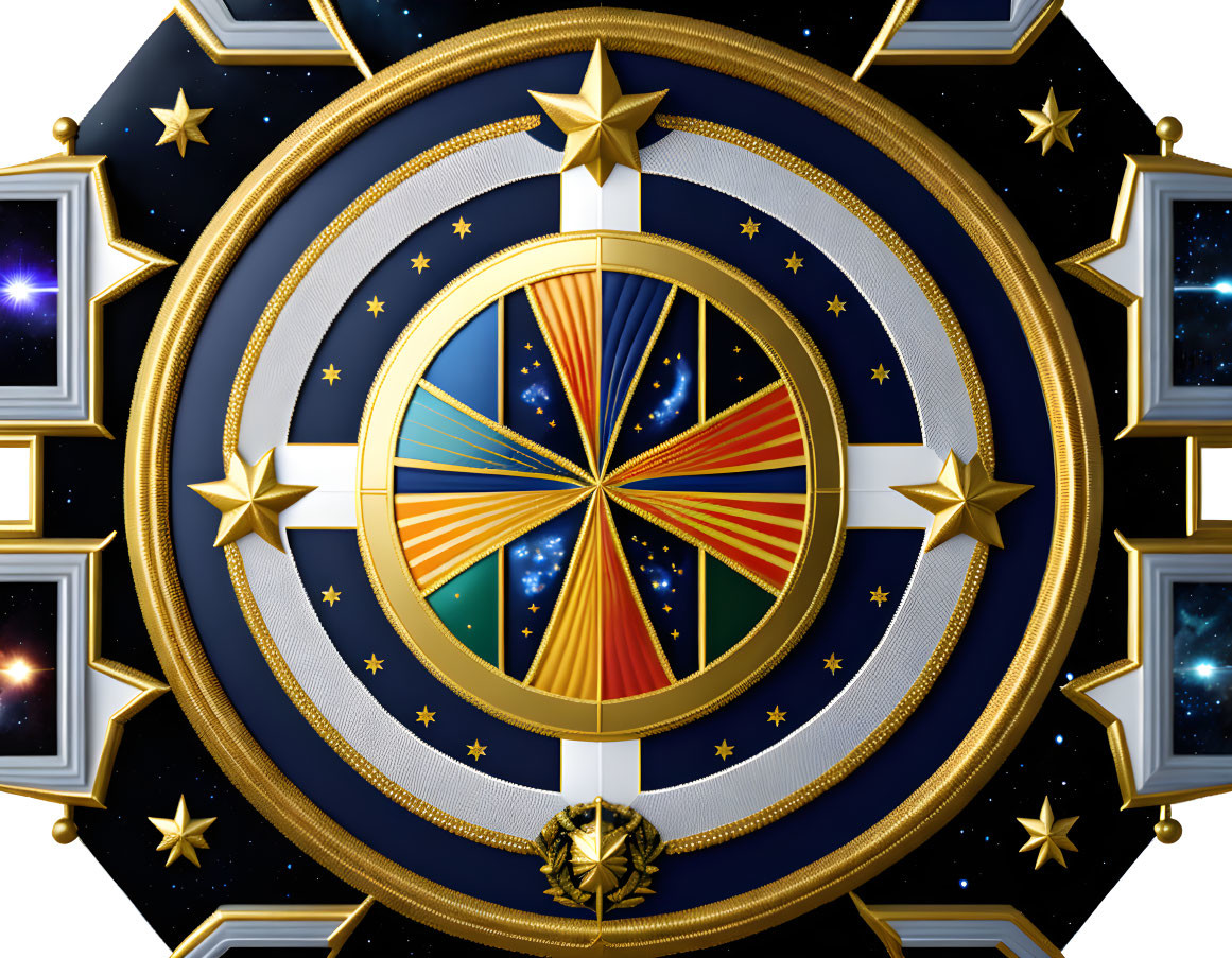 Cosmic-themed emblem with central star and golden accents