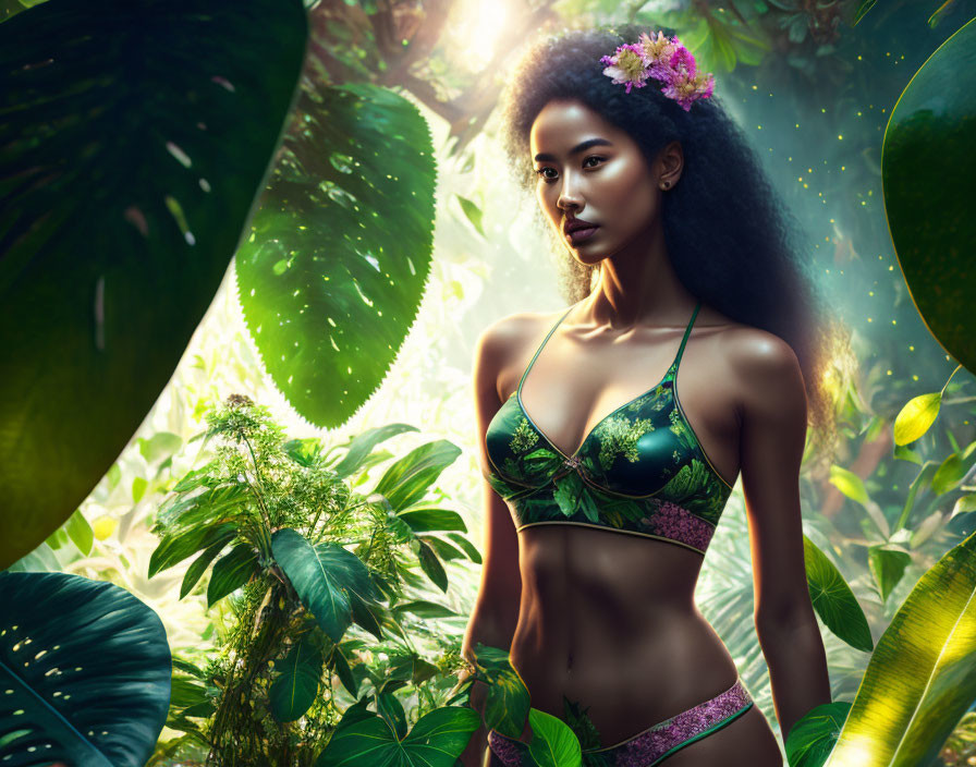 Woman in floral bikini surrounded by lush greenery