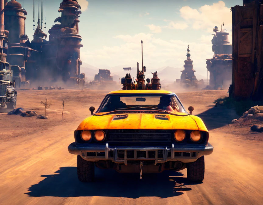 Yellow Muscle Car Drives Through Desert Landscape