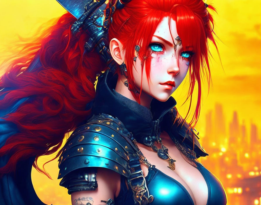 Red-haired female fantasy warrior with blue eyes, cybernetic enhancements, blue and black armor, futuristic