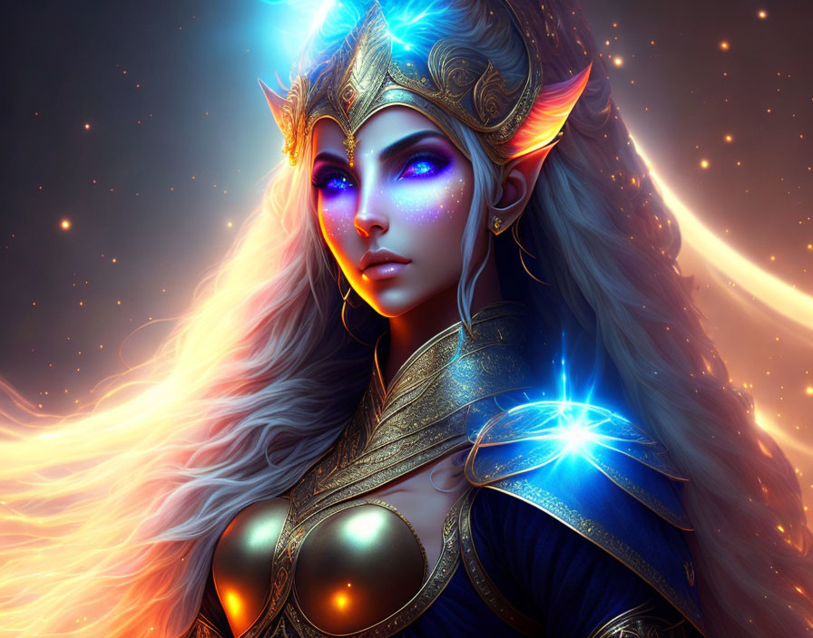 Ethereal female elf in golden armor with glowing blue eyes