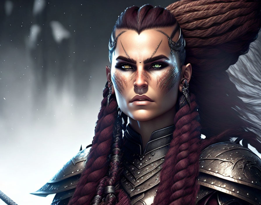 Female warrior with braided hair and tribal markings in fantasy armor in snowy setting