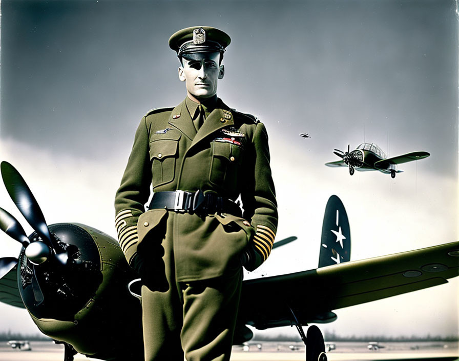 Military officer in uniform by propeller aircraft under flying plane silhouette