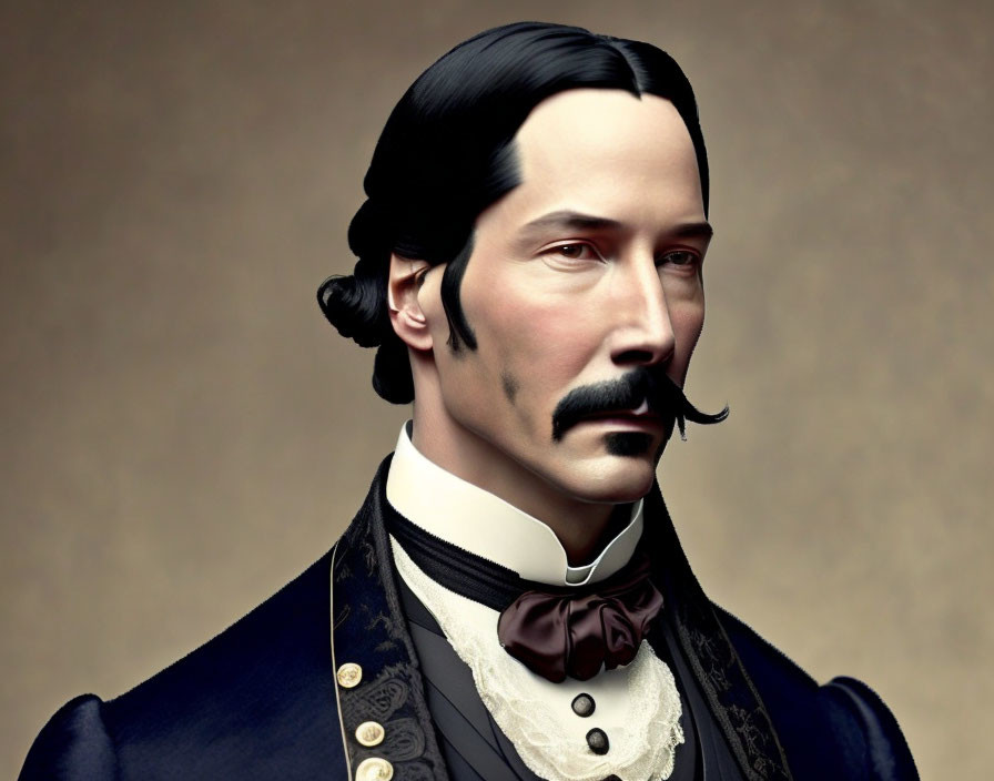 Hyper-realistic digital portrait of a man with styled facial hair and vintage attire.