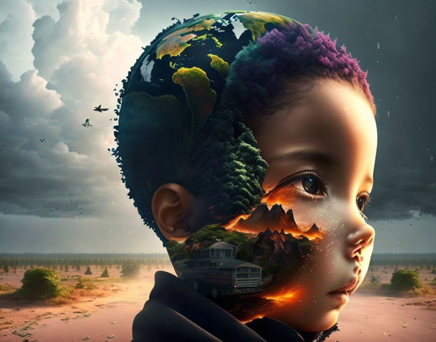 Surreal child's head merged with globe displaying vibrant nature and dramatic landscape.