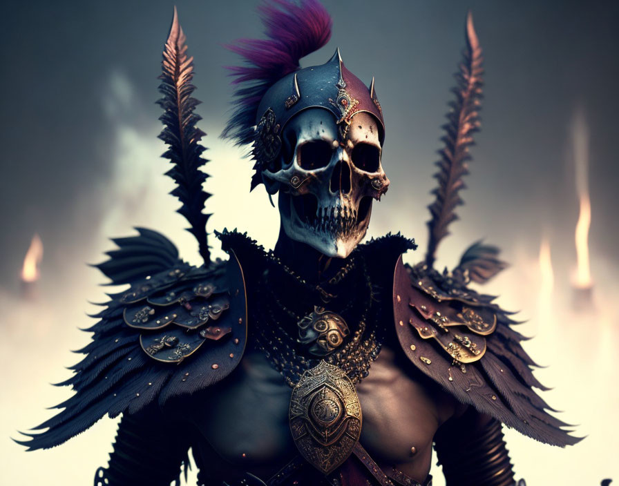 Fantasy warrior in skull helmet armor amid dimly lit flames