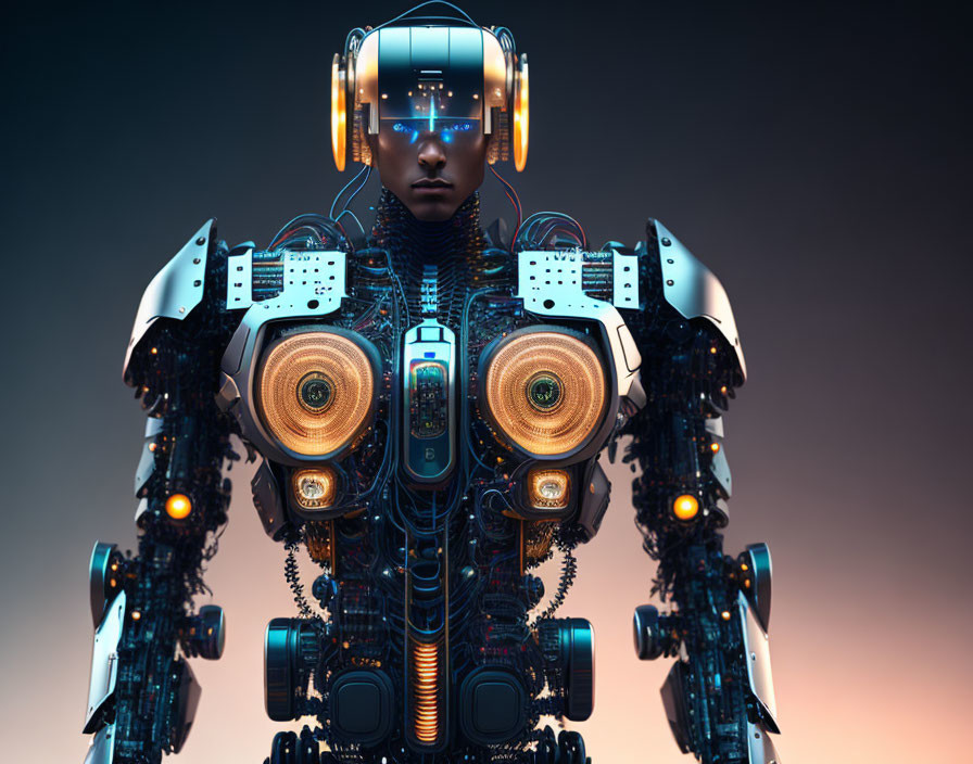 Futuristic humanoid robot with exposed mechanics and headphones on gradient background