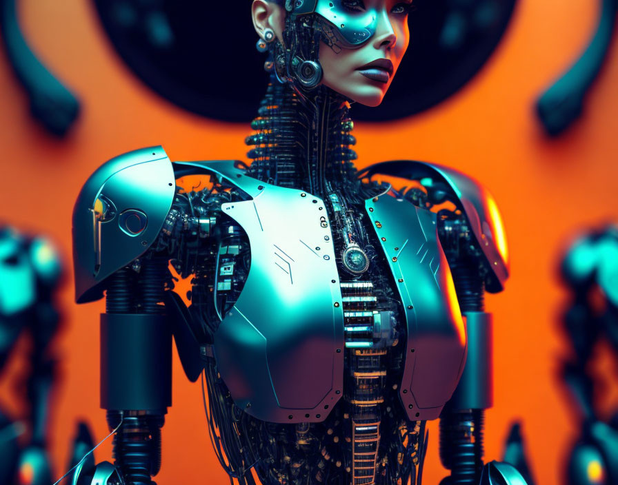 Detailed Female Robot Portrait on Orange Background with Circular Patterns