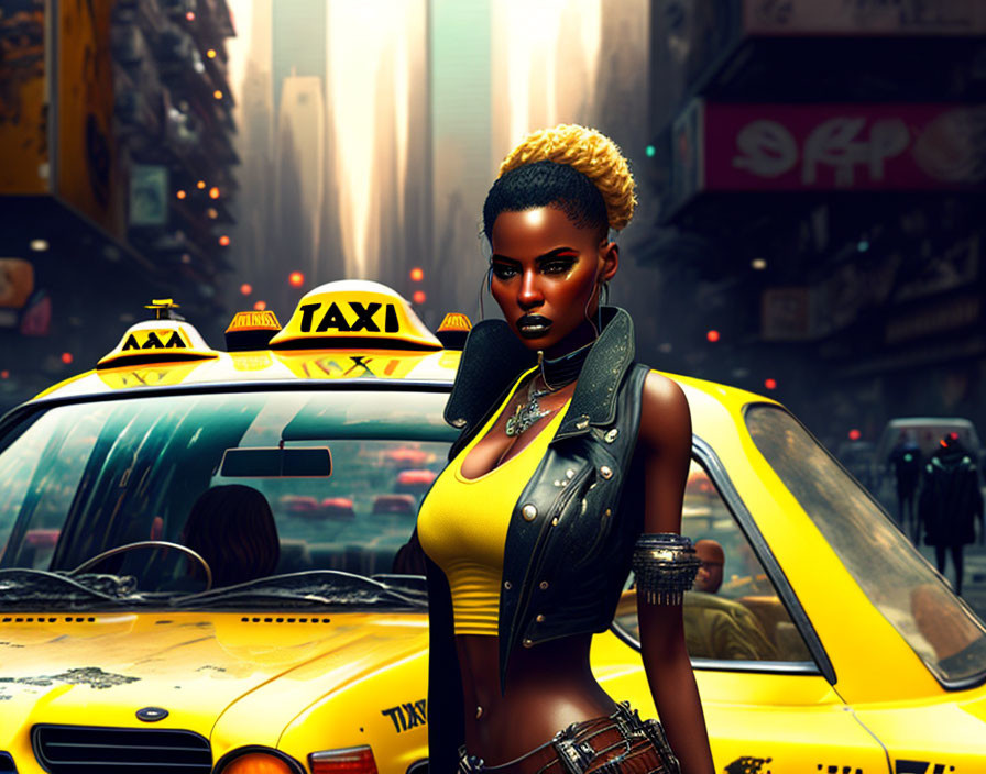 Digital artwork: Confident woman in futuristic city with yellow taxi & sunlight.