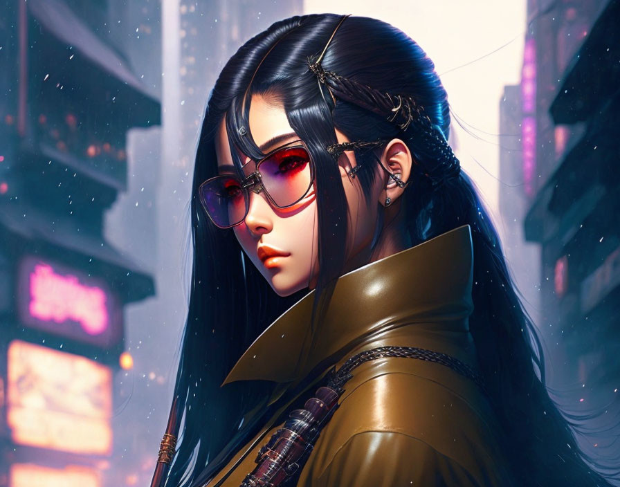 Digital artwork: Woman with long black hair, red sunglasses, trench coat in neon-lit cityscape