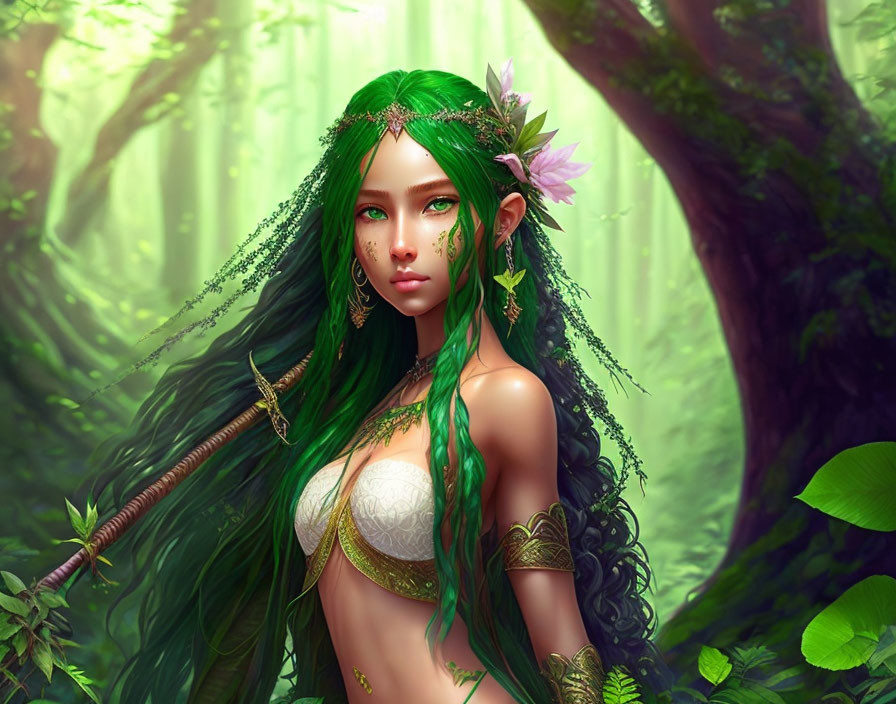 Fantasy illustration of green-haired female in nature-inspired attire.