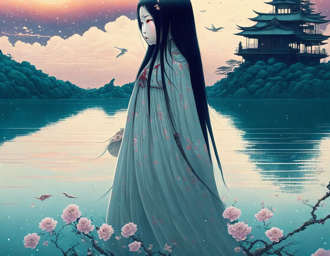 Woman in floral dress by serene lake with cherry blossoms and traditional architecture at sunset