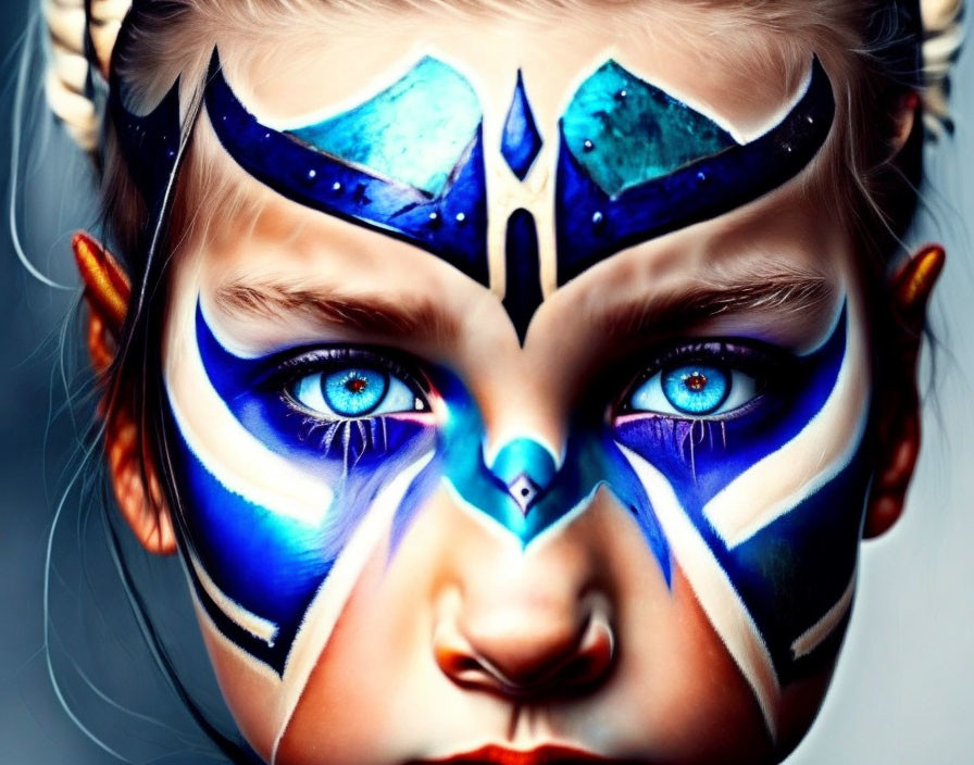 Child with blue warrior face paint and feather adornments