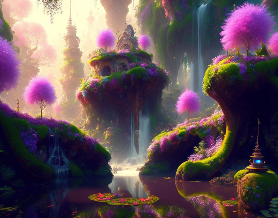 Vibrant purple trees, ethereal waterfalls, and floating islands in a mystical forest