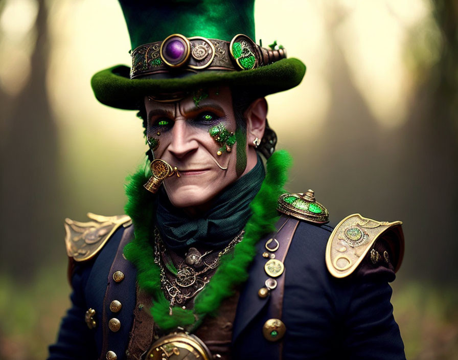 Whimsical character in green top hat and costume in forest setting