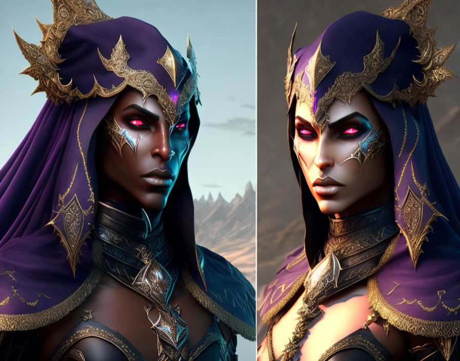 Fantasy character with purple headdress and glowing eyes in intricate armor against mountainous backdrop