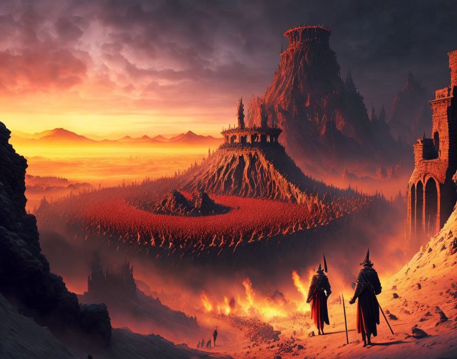 Fantasy landscape with two figures, castle, and ruins under an orange sky