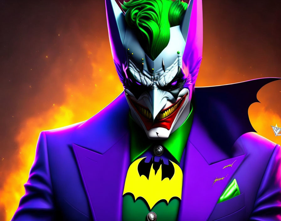 Colorful Joker-faced character in Batman suit on fiery backdrop