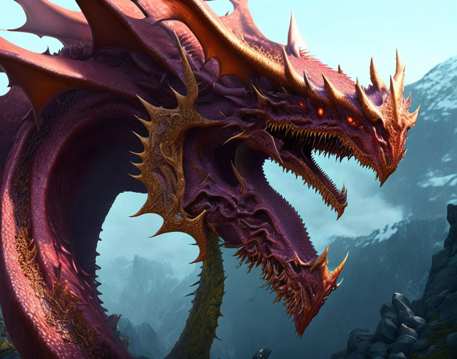 Red multi-headed dragon with sharp horns in mountainous scene